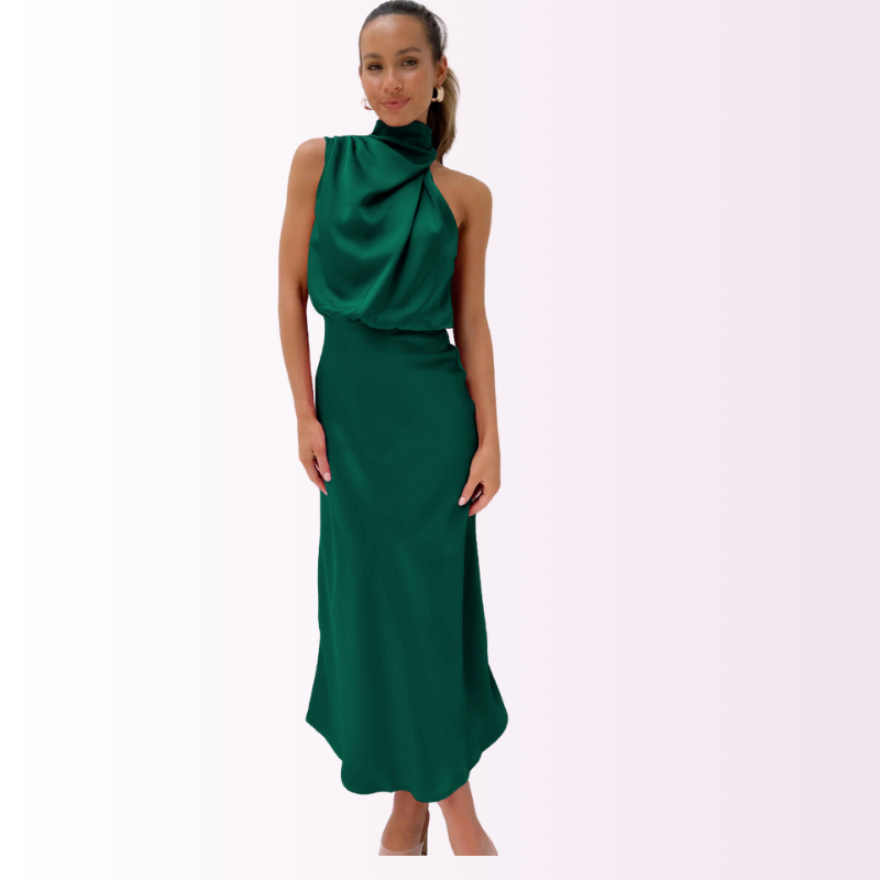 Vestido de gala para mujer con diseño de cuello alto y hombros descubiertos, estilo sofisticado y chic.