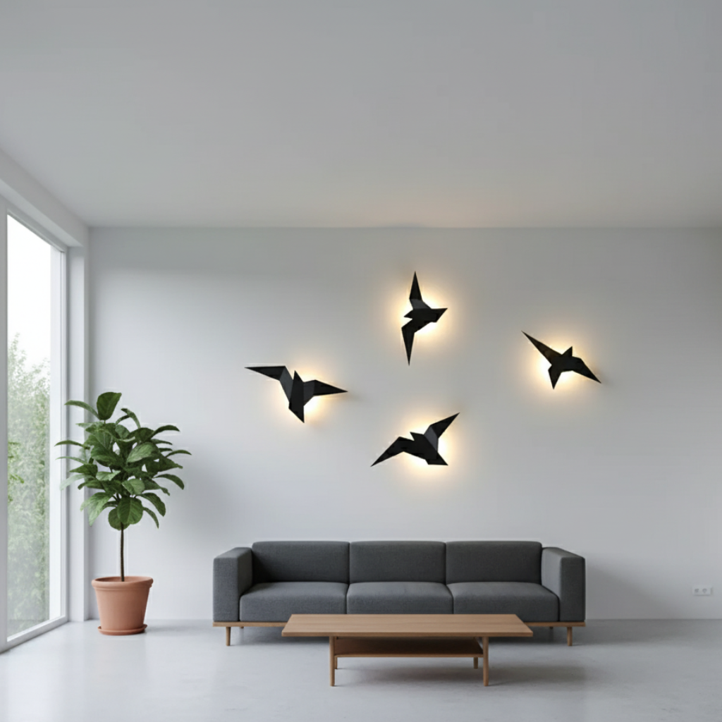 Lámpara de pared LED con diseño geométrico origami. Estilo japonés moderno, ideal para iluminación y decoración.
