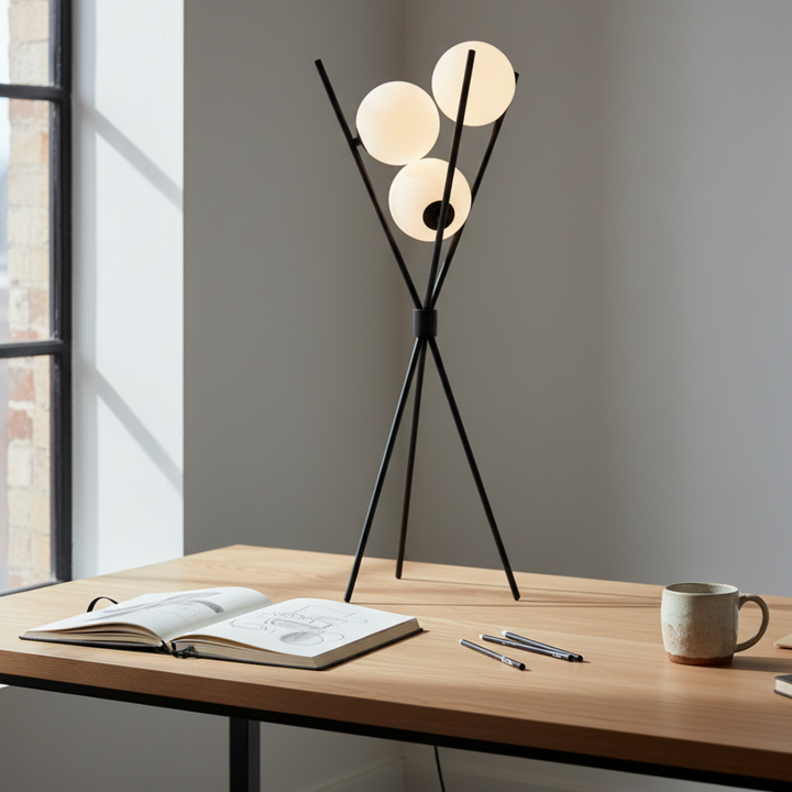 Lámpara LED minimalista de diseño lunar. Regulable, luz cálida para decoración moderna de mesa o suelo.