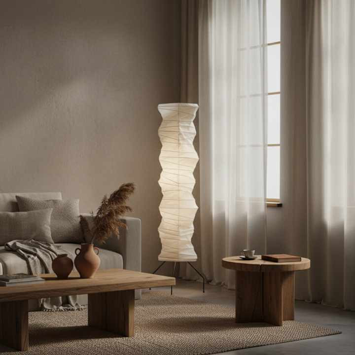 Lámpara de pie japonesa moderna hecha a mano, estilo WabiSabi orgánico. Perfecta para decoración de interiores.
