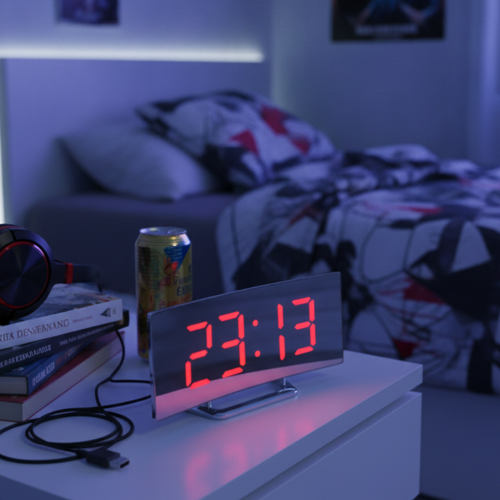 Reloj digital curvado LED con función snooze, perfecto para un despertar suave en el hogar.