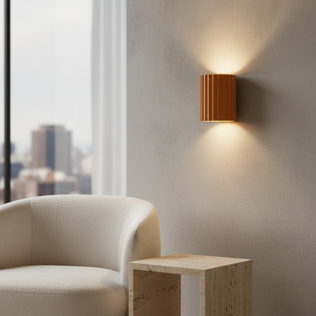 Luz de pared moderna Stria con forma escultural estriada, transformando interiores con iluminación LED.