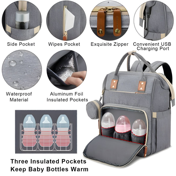 Bolsa de pañales moderna con diseño plegable, se transforma en cuna segura para bebés en movimiento.