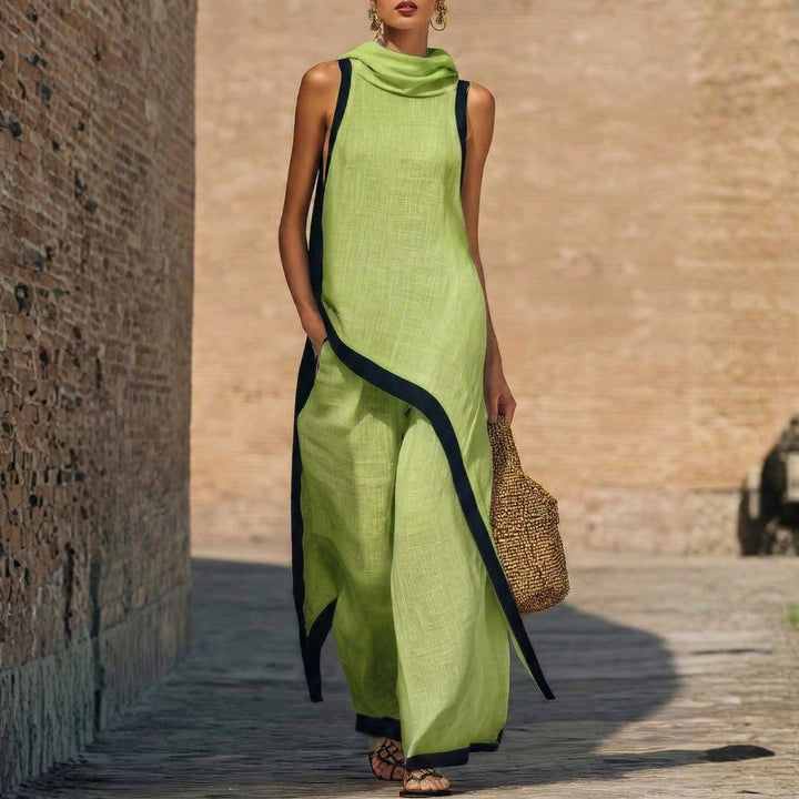 Conjunto de mujer de lino y algodón, incluye túnica asimétrica y pantalón ancho. Ideal para un verano casual y fresco.