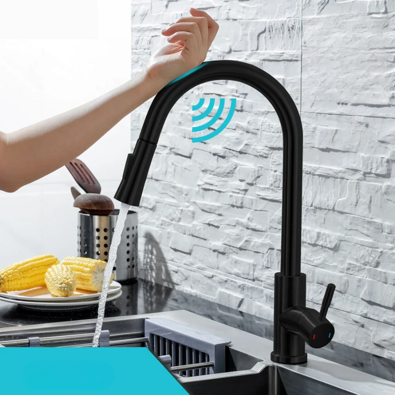Mezclador de cocina sin contacto con sensor, acabado acero inoxidable, ideal para encimera moderna.