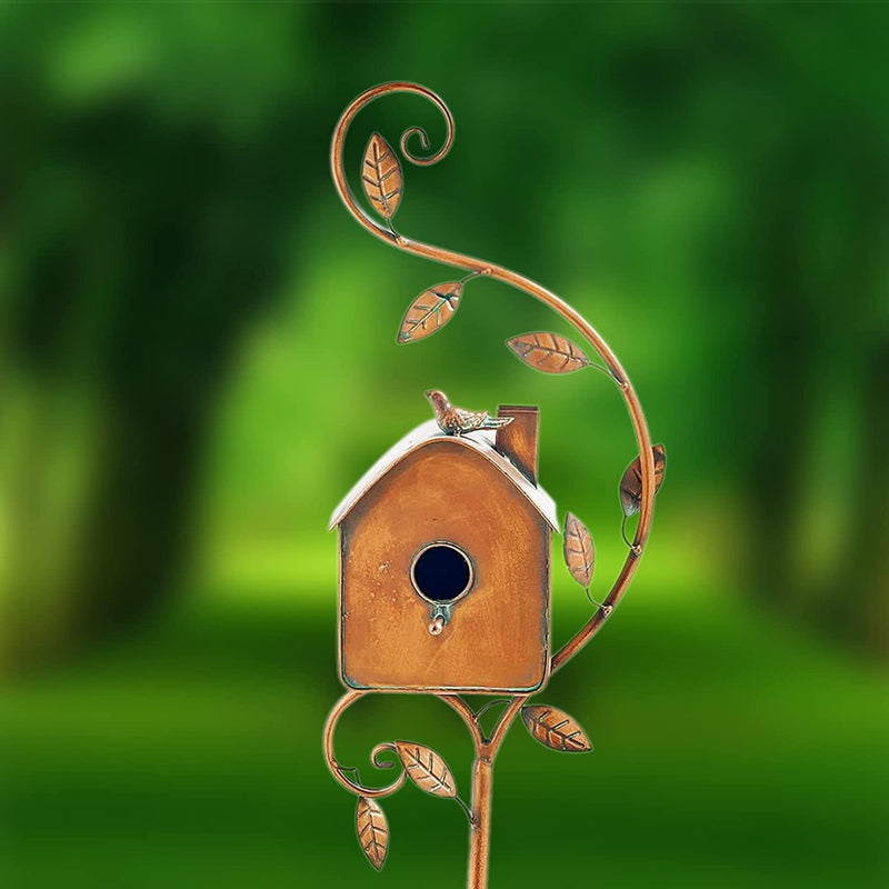 Estaca decorativa para macetas o jardín, diseño rústico de aves en metal para espacios exteriores.
