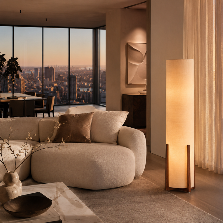 Lámpara de pie estilo japonés, iluminación decorativa con tela blanca para sala de estar.