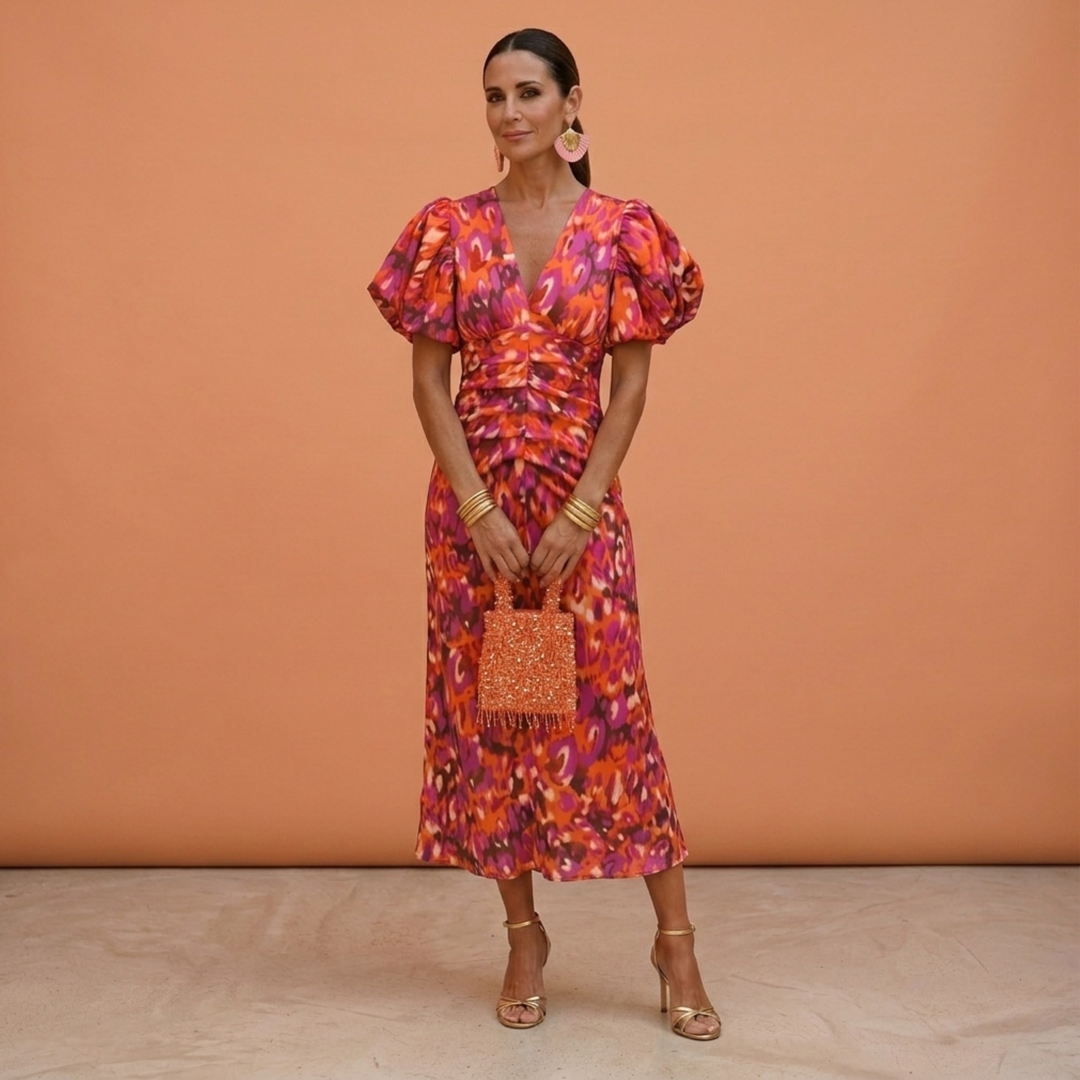 Vestido elegante de primavera para mujer con escote V y mangas abullonadas, ideal para moda casual.