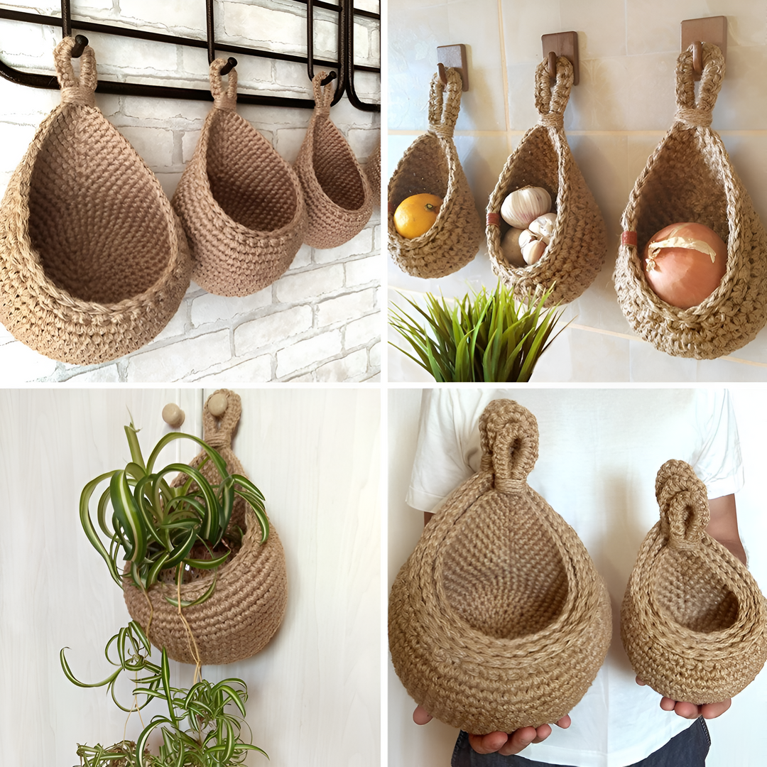 Cesta colgante bohemia de yute natural para decoración de cocina y almacenamiento en el hogar.