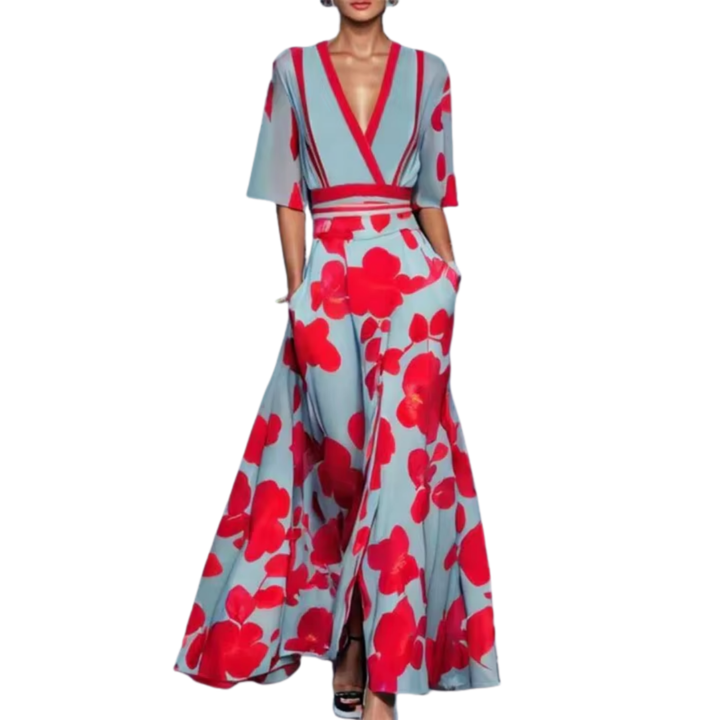 Elegante vestido largo floral de mujer, diseño casual con escote V y cintura ajustable. Versátil y fresco.