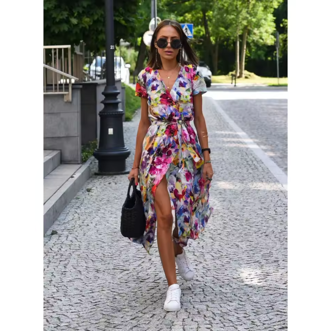 Vestido VALERÍA estampado cruzado y fluido para mujer. Ropa casual elegante, diseño chic para verano.