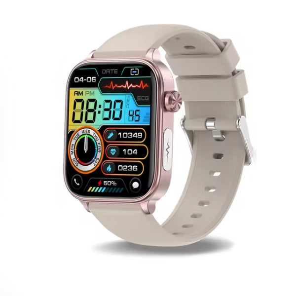 Smartwatch deportivo con monitor de salud. Mide glucosa, ritmo cardíaco y presión para un bienestar total.