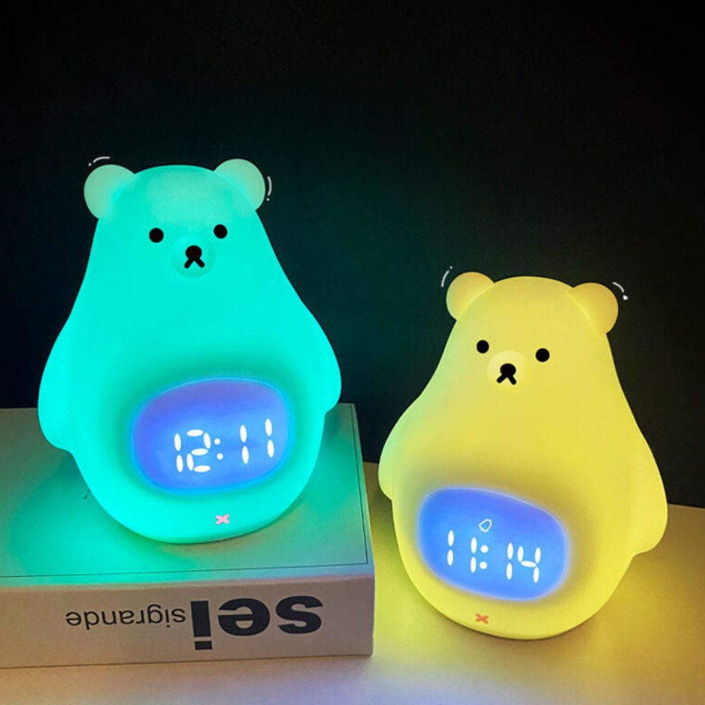 Lámpara de noche LED oso polar, reloj despertador infantil, luz suave para el cuarto de los niños.