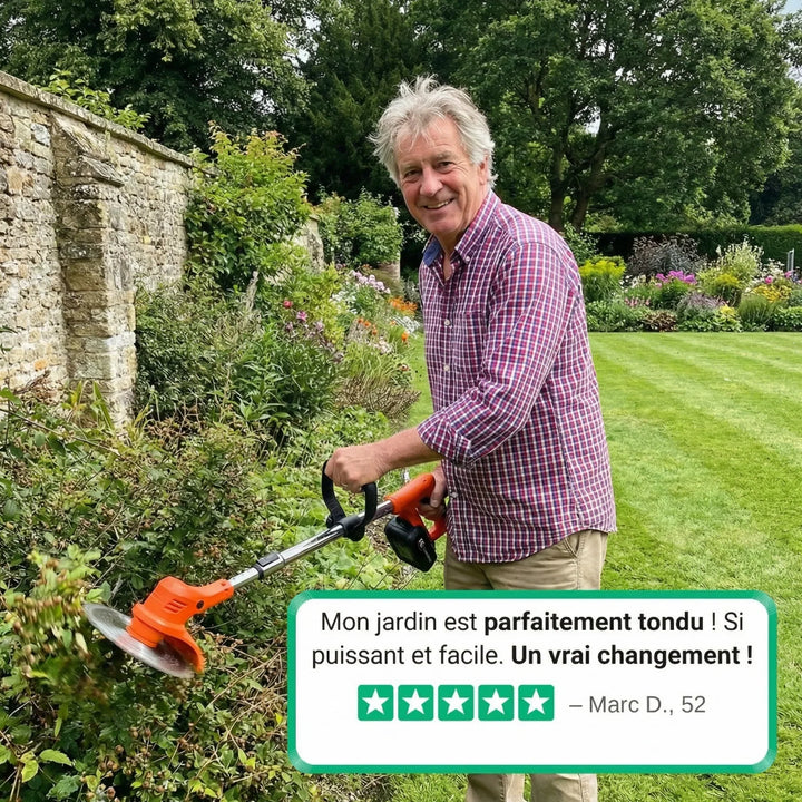 Persona usando desbrozadora inalámbrica potente para limpiar bordes del jardín. Herramienta ergonómica para jardinería.