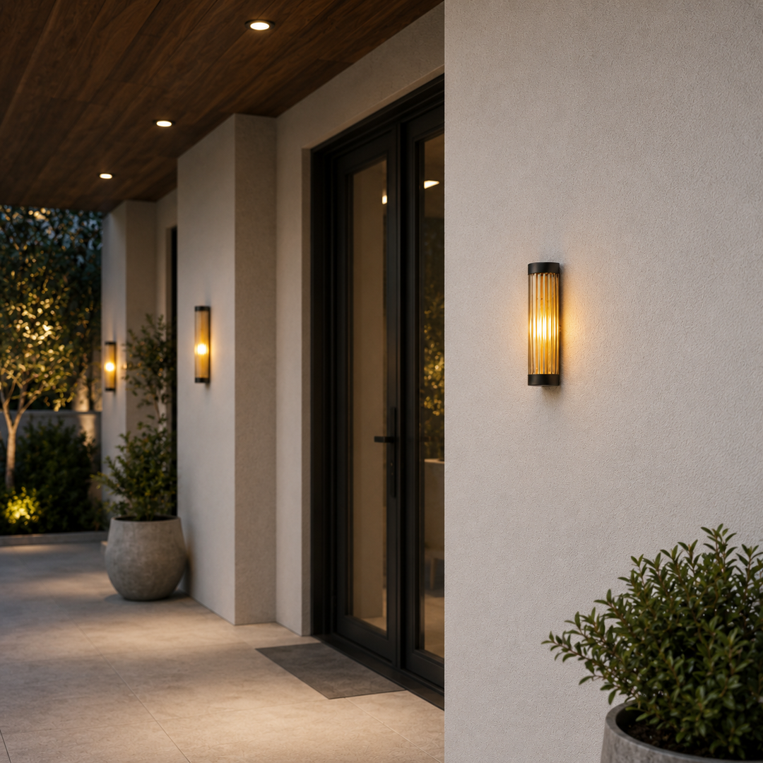 Detalle del vidrio estriado en aplique de pared, difusor de luz suave para terrazas y balcones.