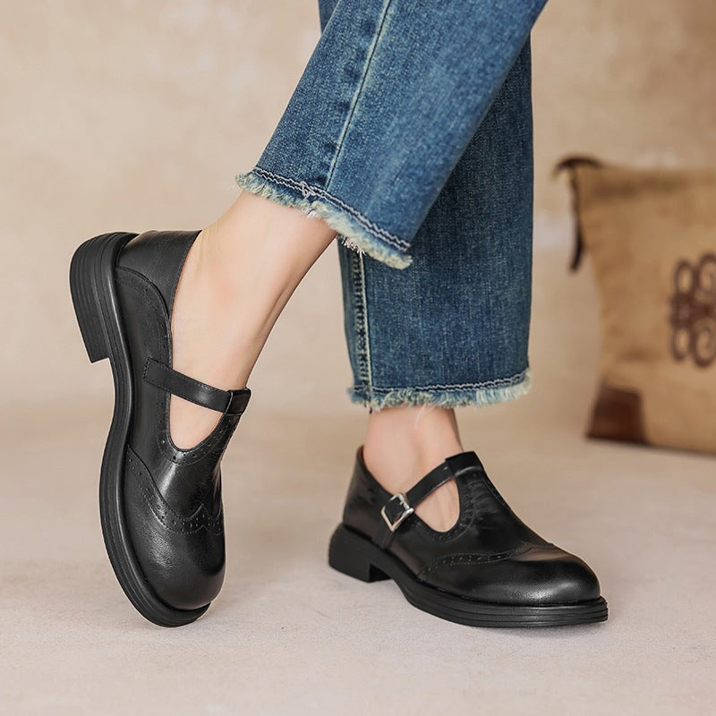 Zapatos T-strap marrones casuales para mujer, estilo retro y comodidad durante todo el día.