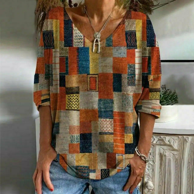 Top de mujer de moda, blusa cómoda con diseño de estampado abstracto y escote V, perfecta para un look urbano.