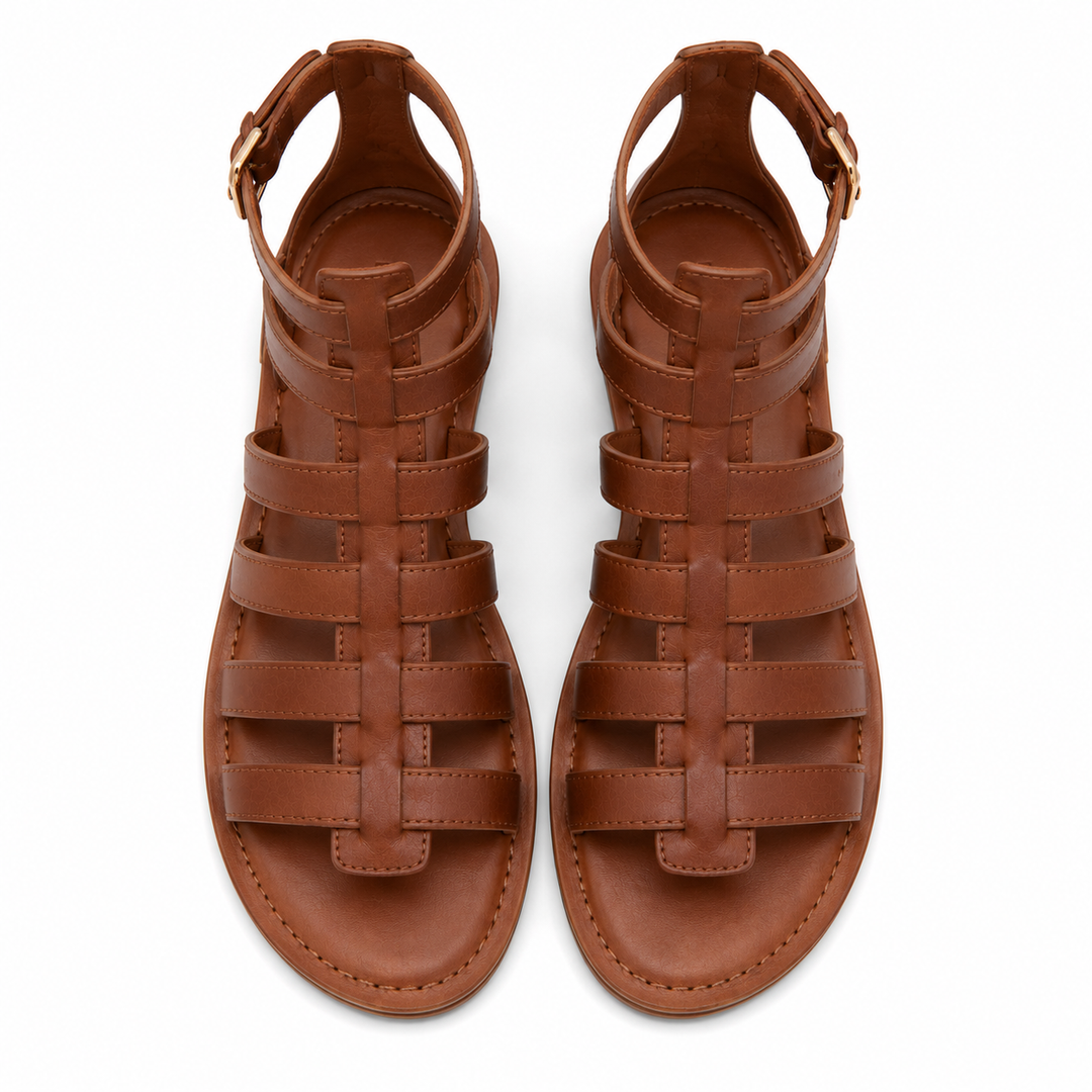 Sandalias gladiadoras marrones para mujer desde arriba, calzado veraniego con tiras cómodas y diseño moderno.