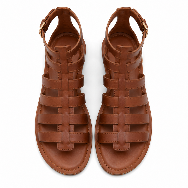 Sandalias gladiadoras marrones para mujer desde arriba, calzado veraniego con tiras cómodas y diseño moderno.