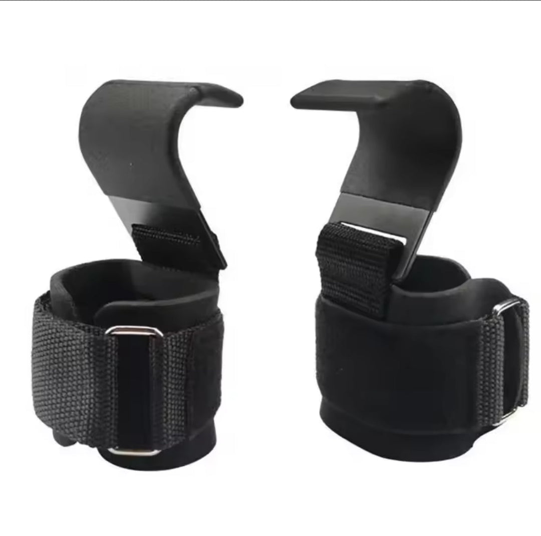 Agarres PowerHook Pro negros robustos, con correas ajustables para un ajuste perfecto en el levantamiento.