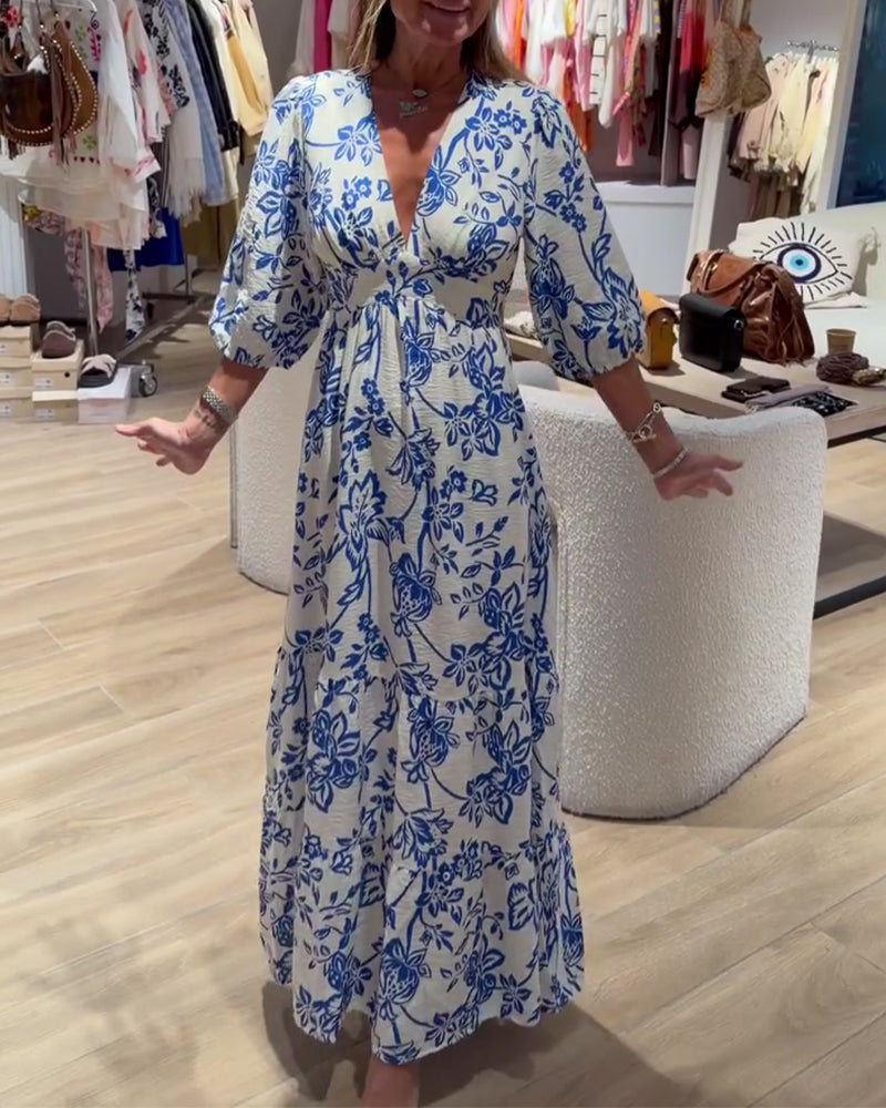 Vestido floral bohemio fluido para mujer, con mangas cortas y escote V. Vestido maxi transpirable de verano.