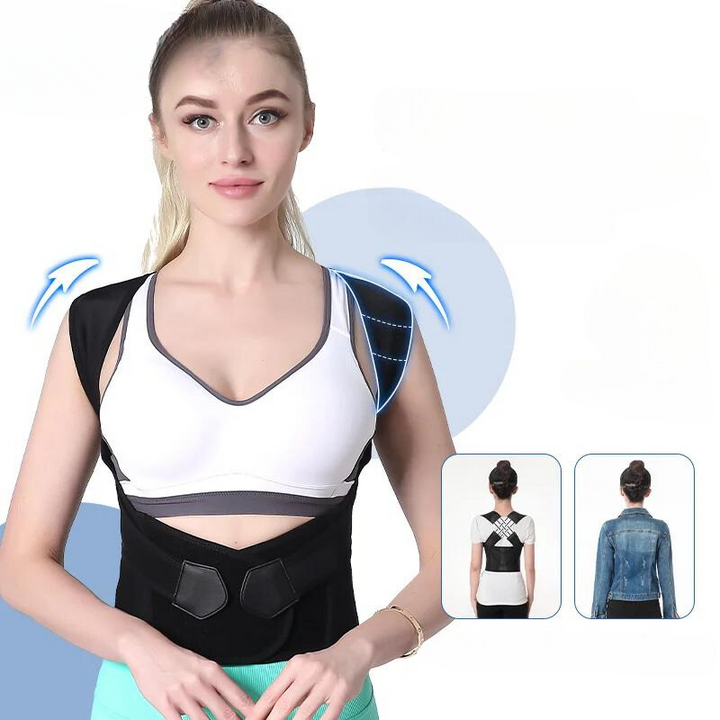 Persona usando corrector de postura unisex. Soporte ergonómico para espalda y cuello.