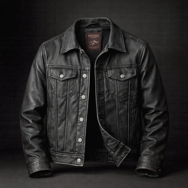 Chaqueta roja de cuero sintético estilo americano para hombre. Diseño retro con solapa, ideal para moda workwear casual.