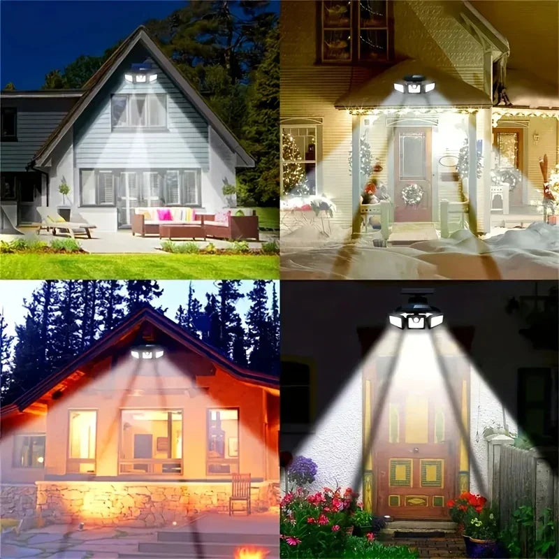 Foco LED solar exterior IP65 con sensor de movimiento, resistente a la lluvia para seguridad.