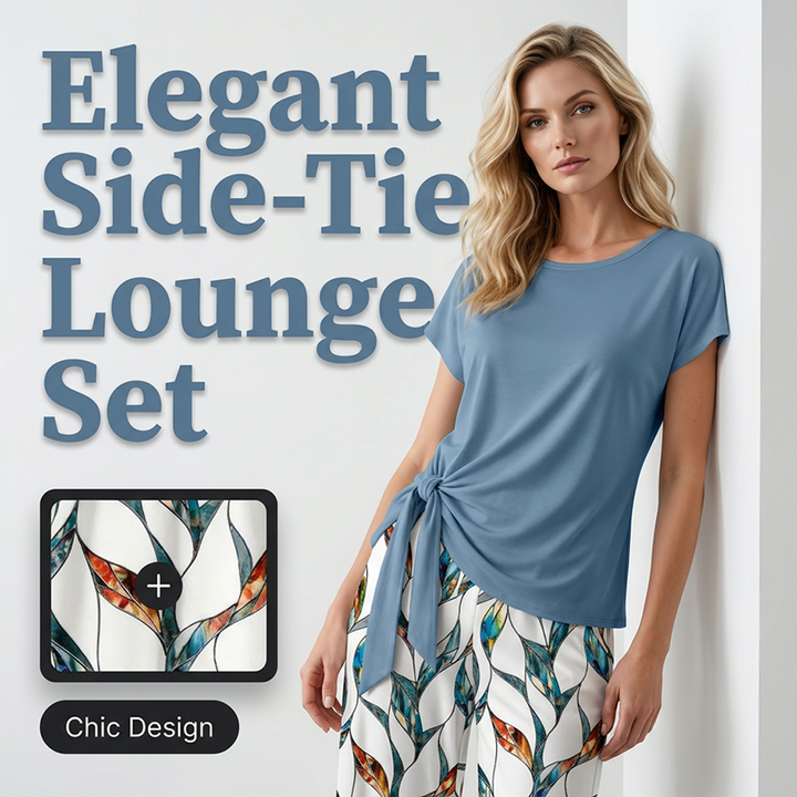Moda femenina: Conjunto de dos piezas con top anudado y pantalón estampado. Estilo relajado de verano.
