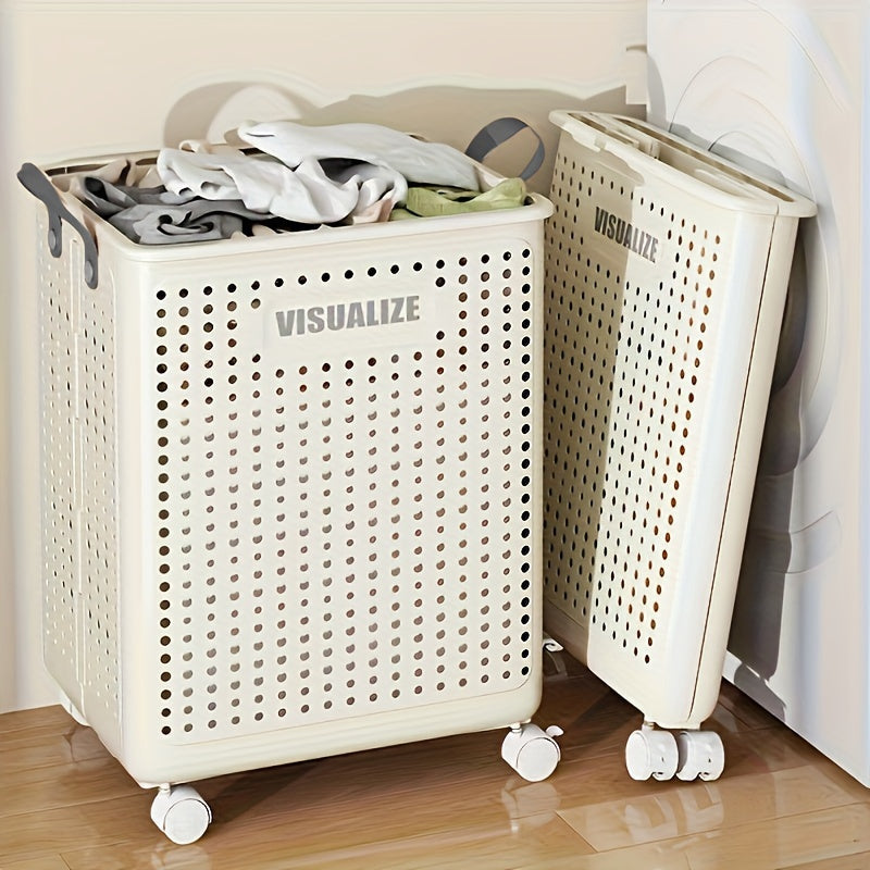 Cesta de lavandería gris, plegable con ruedas, ideal para mantener ordenada la ropa sucia en cualquier habitación.