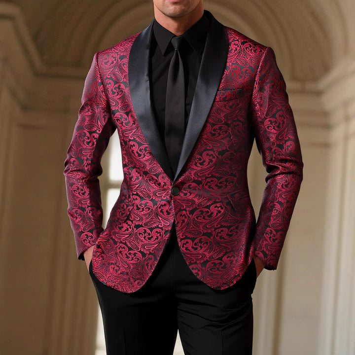 Americana casual hombre slim fit jacquard. Blazer elegante rojo vino para un look moderno de moda masculina.