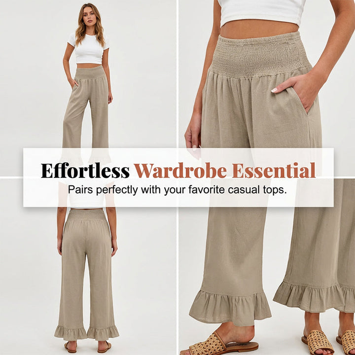 Pantalón ancho de mujer con caída fluida, algodón lino, tiro alto smock, estilo bohemio casual de verano.