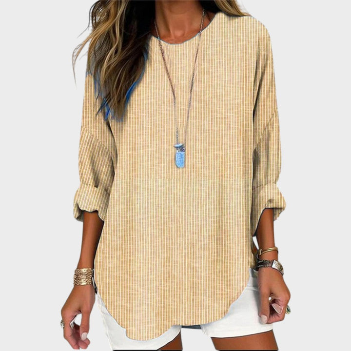 Blusa casual de rayas blancas y azules, manga larga para mujer. Diseño moderno y cómodo para primavera-otoño.