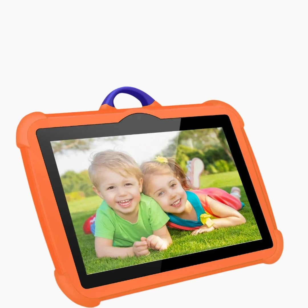 Tableta educativa portátil de 7 pulgadas color naranja para niños. Android y WiFi 5G para apps y entretenimiento.