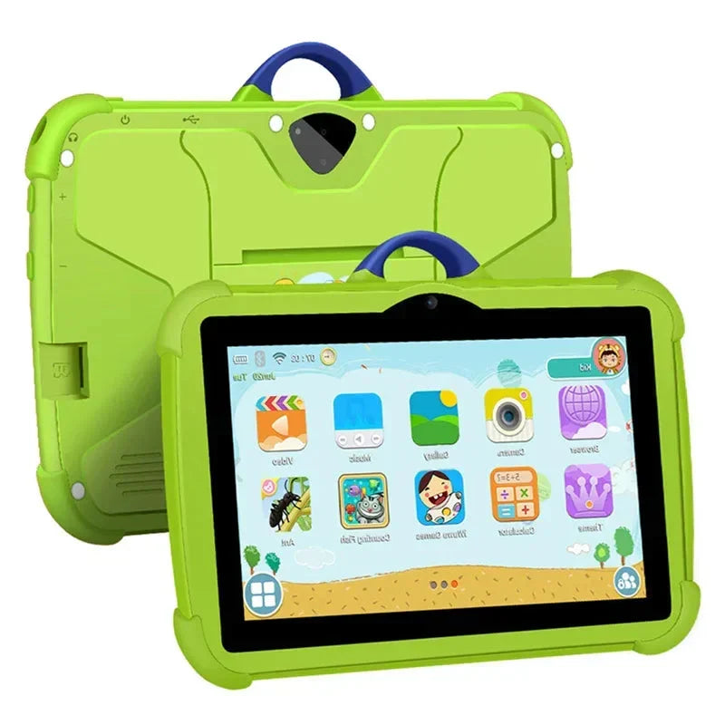 Tablet educativa verde de 17.78 cm con WiFi 5G y Android para niños. Fomenta el aprendizaje y la creatividad.