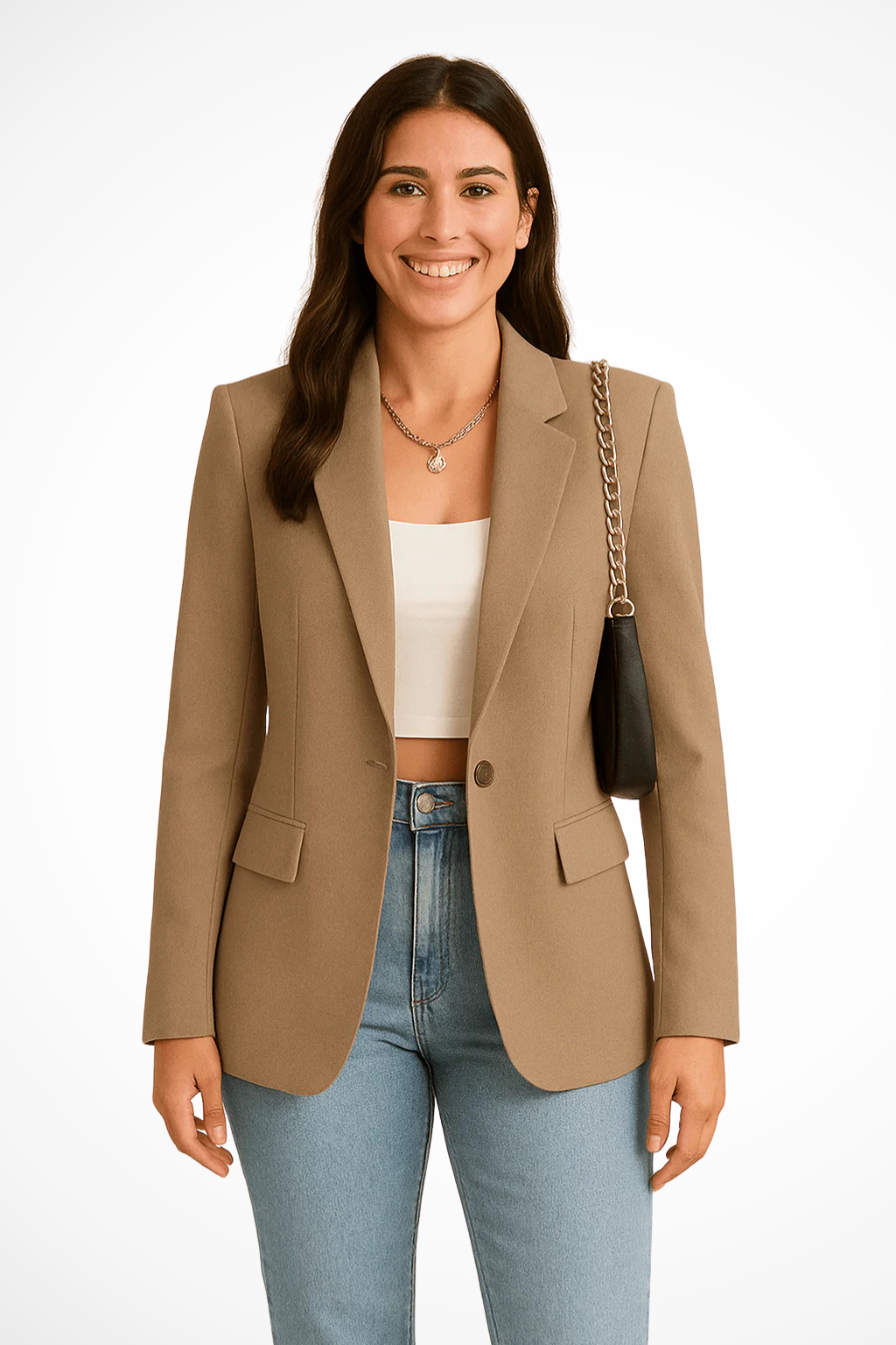 Mujer luciendo blazer ligero y elegante, perfecto para reuniones, eventos o un estilo casual chic.
