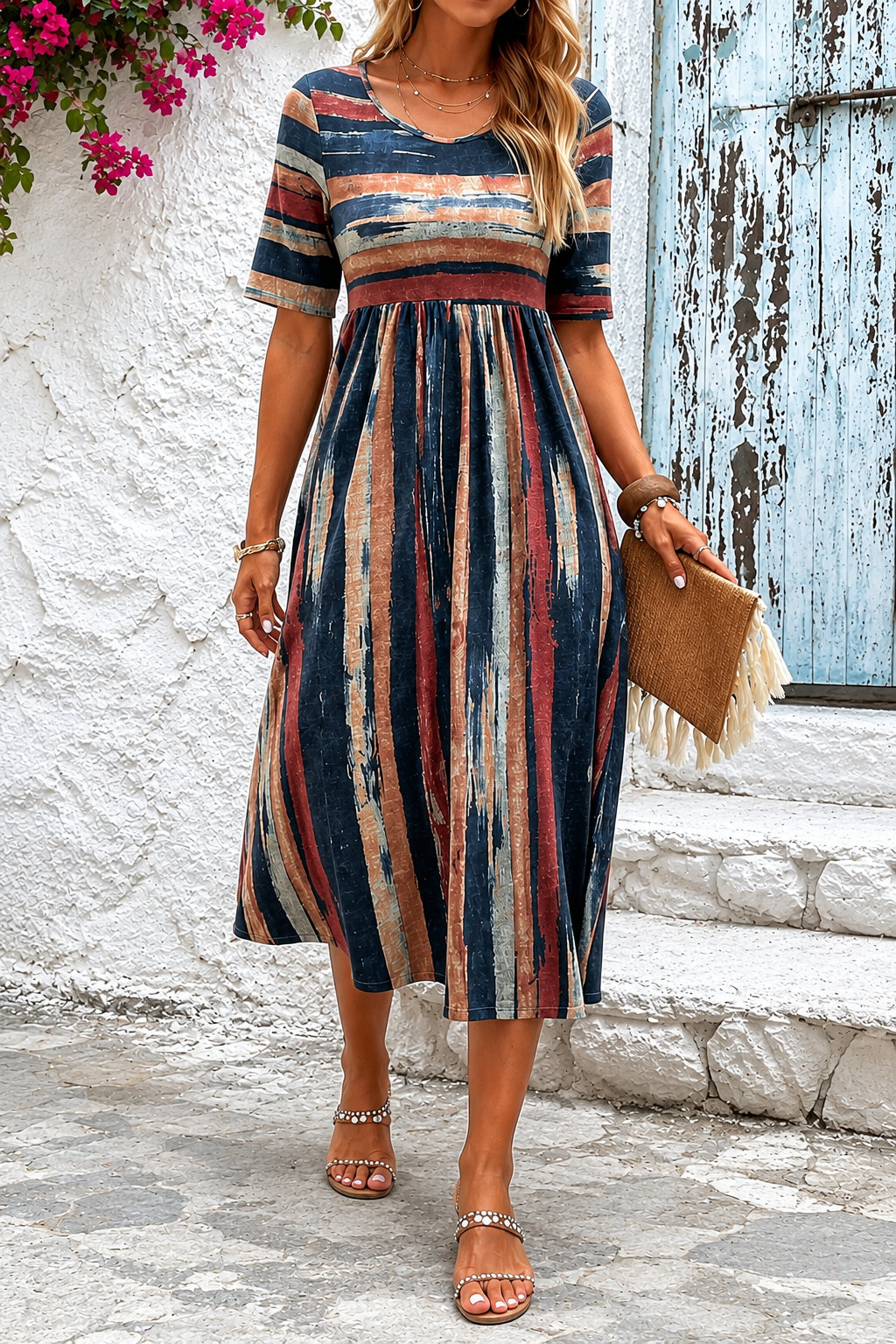 Moda femenina: vestido midi a rayas, silueta favorecedora. Perfecto para look casual o elegante de primavera verano.