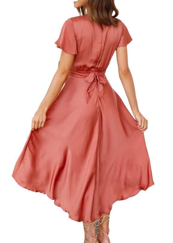 Vestido romántico mujer verde y naranja, elegante, con cuello V y manga corta. Perfecto para bodas o fiestas primavera-verano.