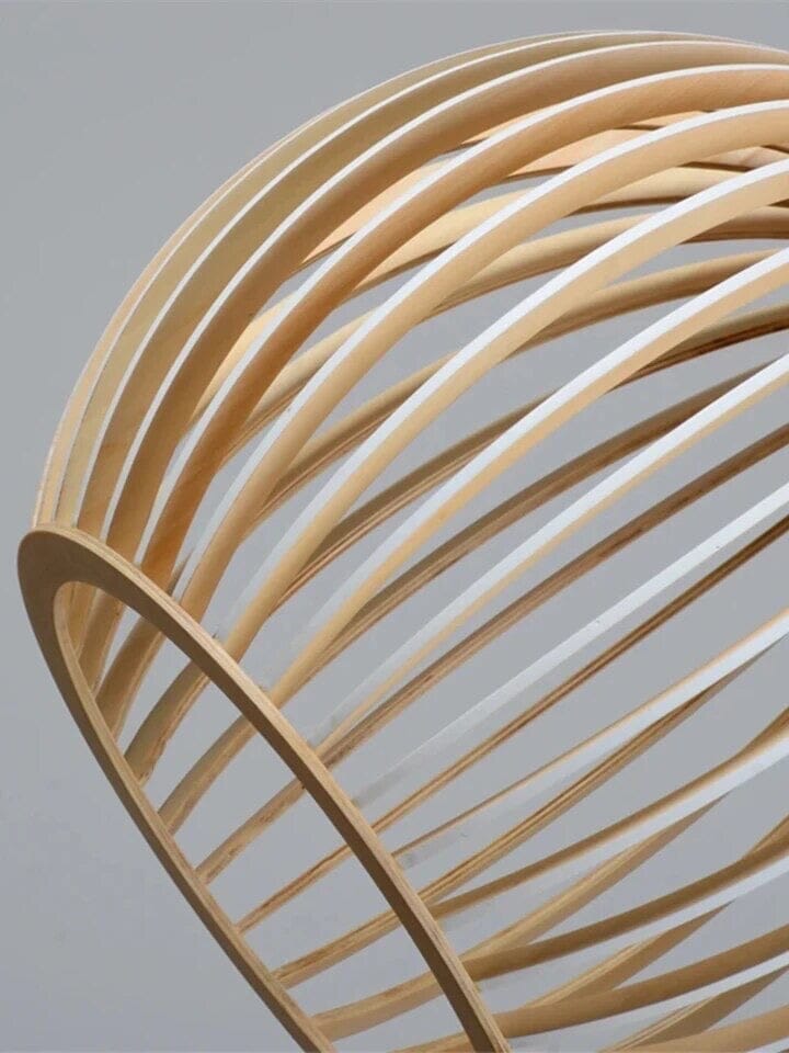 Lámpara colgante de madera natural, estilo jaula, perfecta para iluminación del hogar.