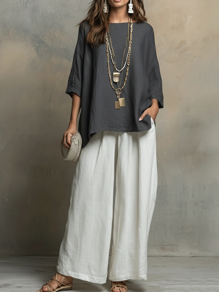 Conjunto casual elegante de dos piezas para mujer, ideal para verano. Outfit fresco con pantalón ancho.