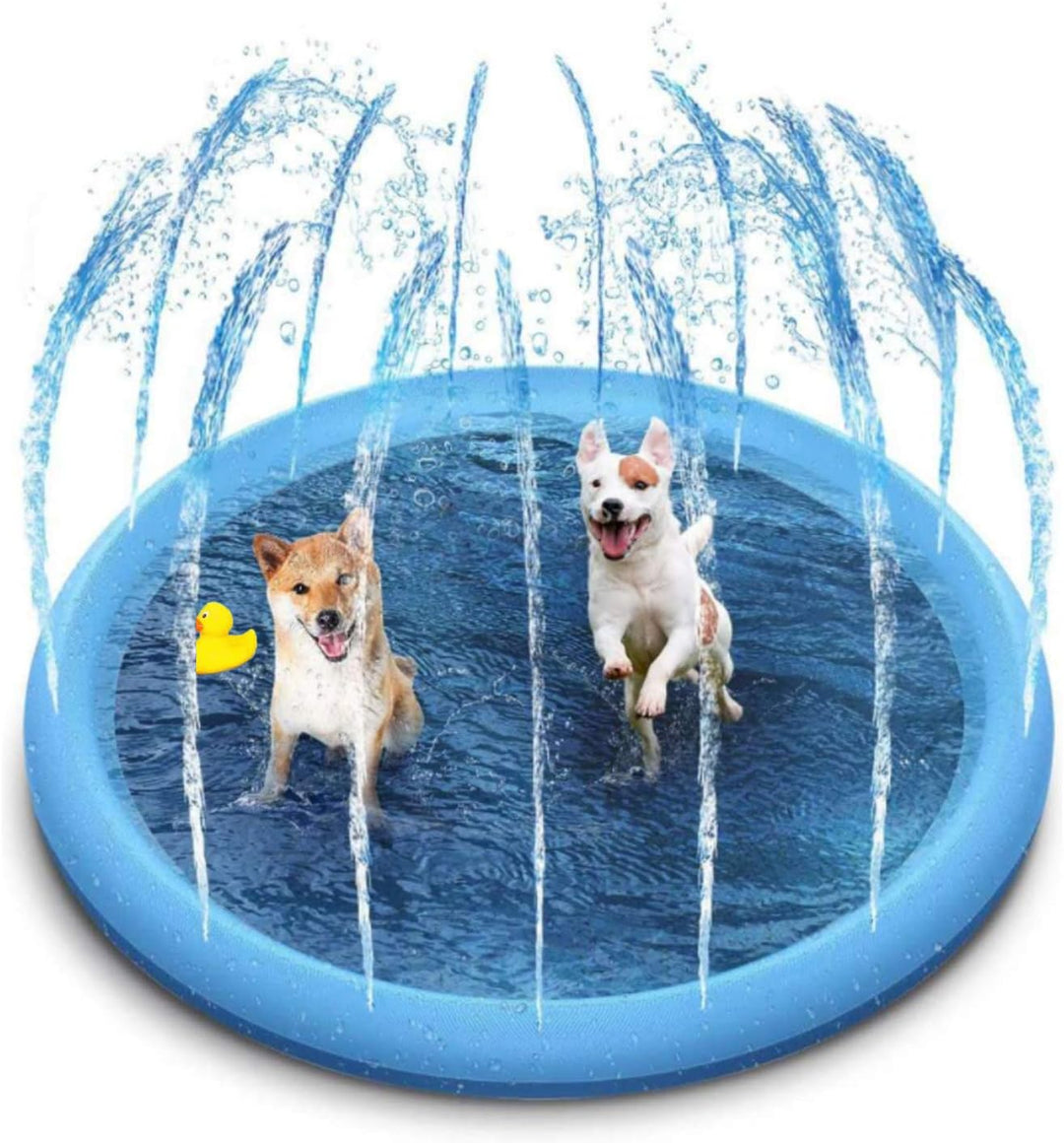 Vista aérea de piscina rociadora redonda para perros, tapete de verano con diseño de chorros de agua.
