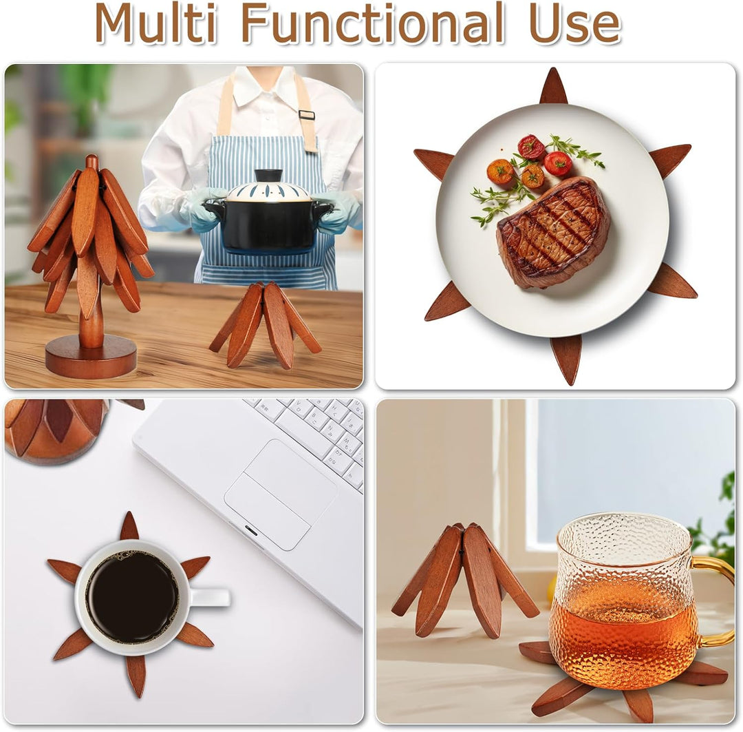 Regalo práctico: posavasos de madera expandible que protege superficies de utensilios calientes.