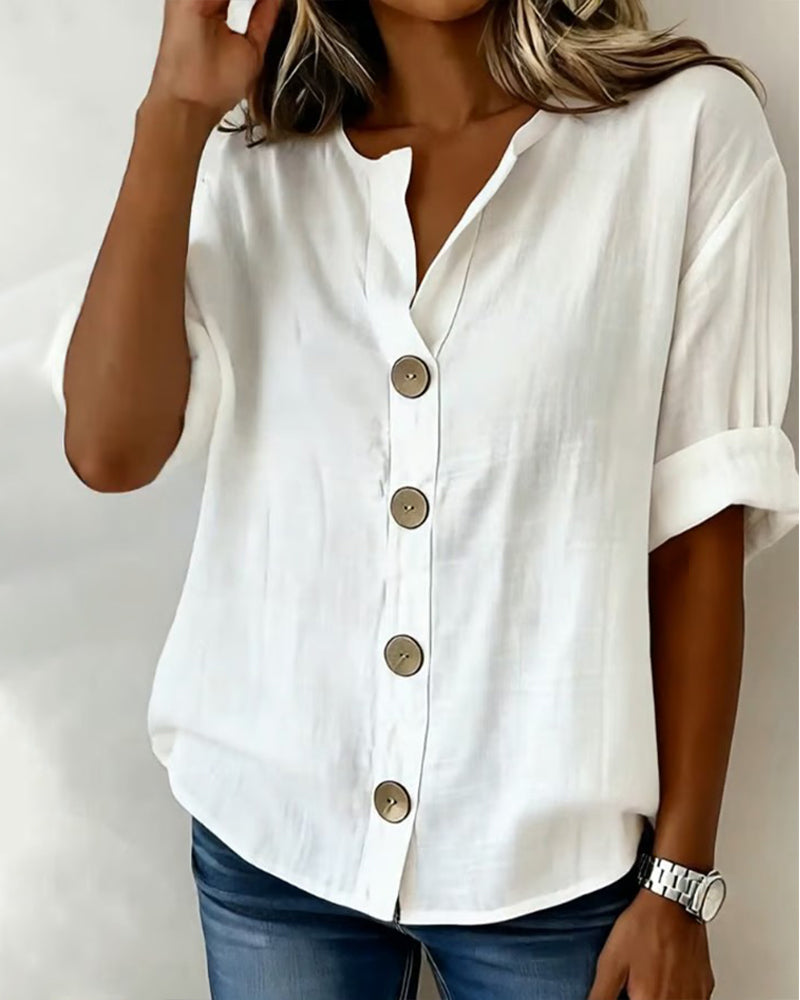 Blusa de verano y primavera para mujer, confeccionada en algodón suave, estilo suelto con cierre de botones. Manga corta.