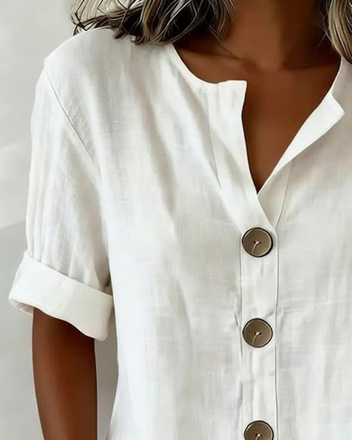 Cómoda blusa de algodón para mujer, diseño suelto y transpirable con botones. Moda diaria, manga corta para verano.