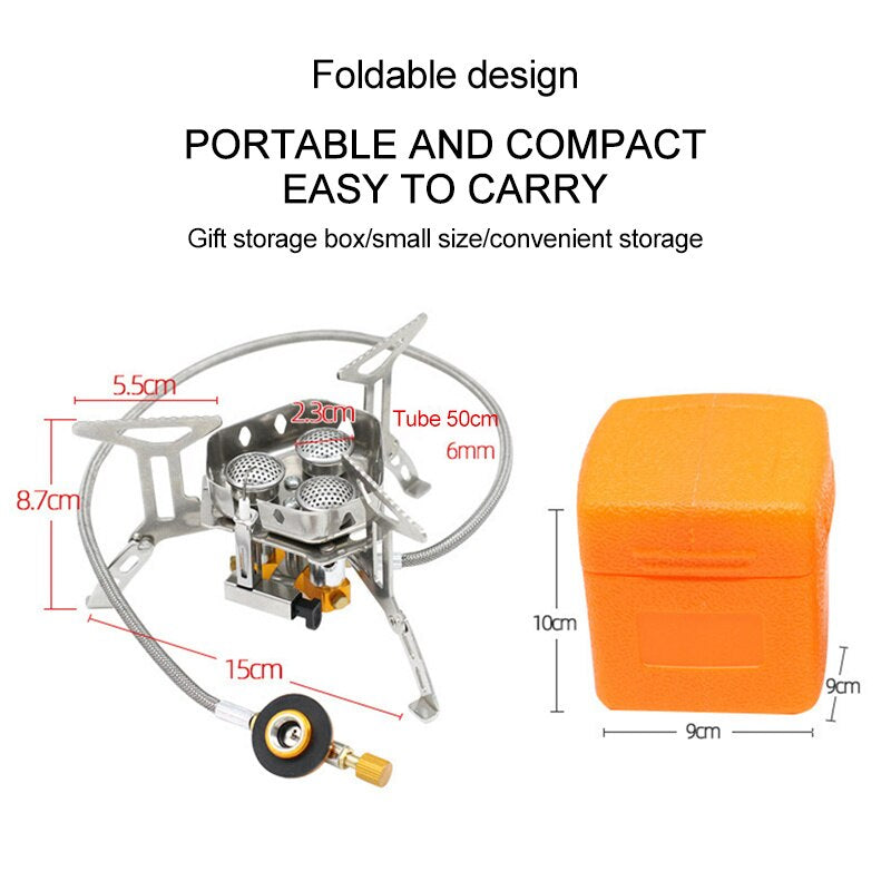 Compacta estufa de gas portátil para camping y senderismo, ideal para preparar comidas en aventuras al aire libre.