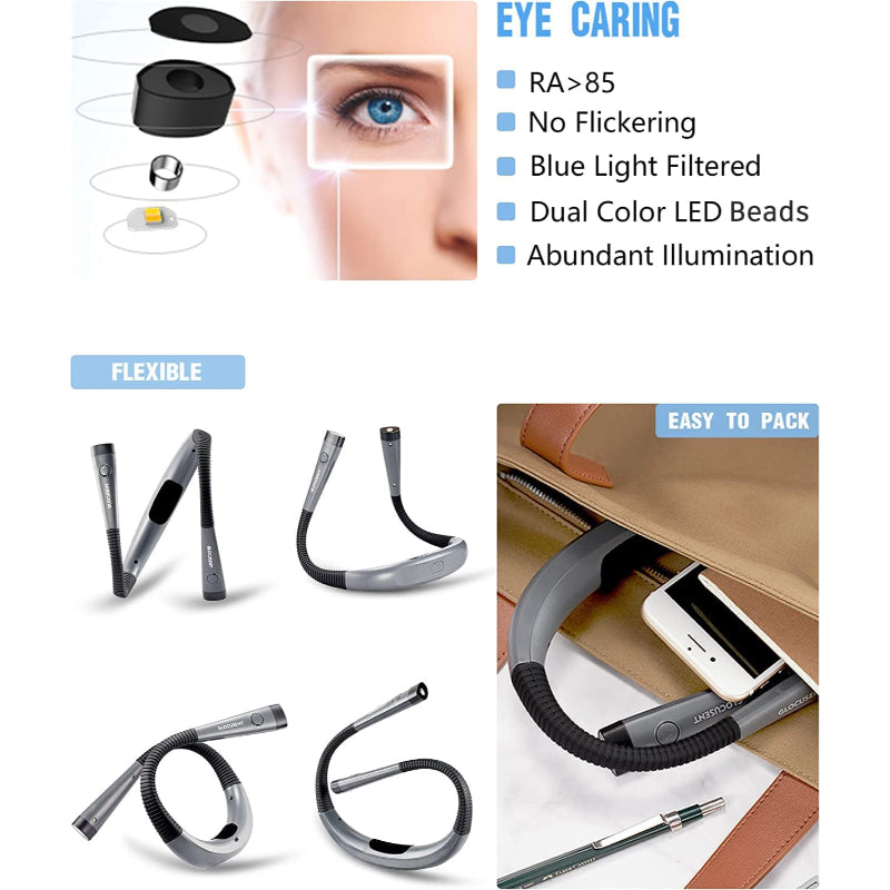 Luz de lectura LED ajustable y flexible para cama, escritorio o manualidades. Recargable y cuida tus ojos.