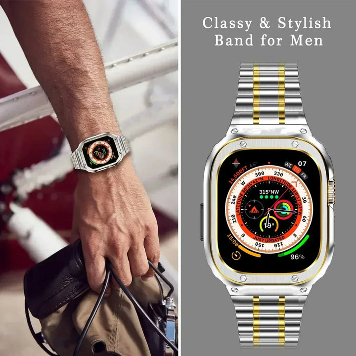 Accesorio unisex: correa de acero inoxidable y funda anti-golpes para reloj inteligente.