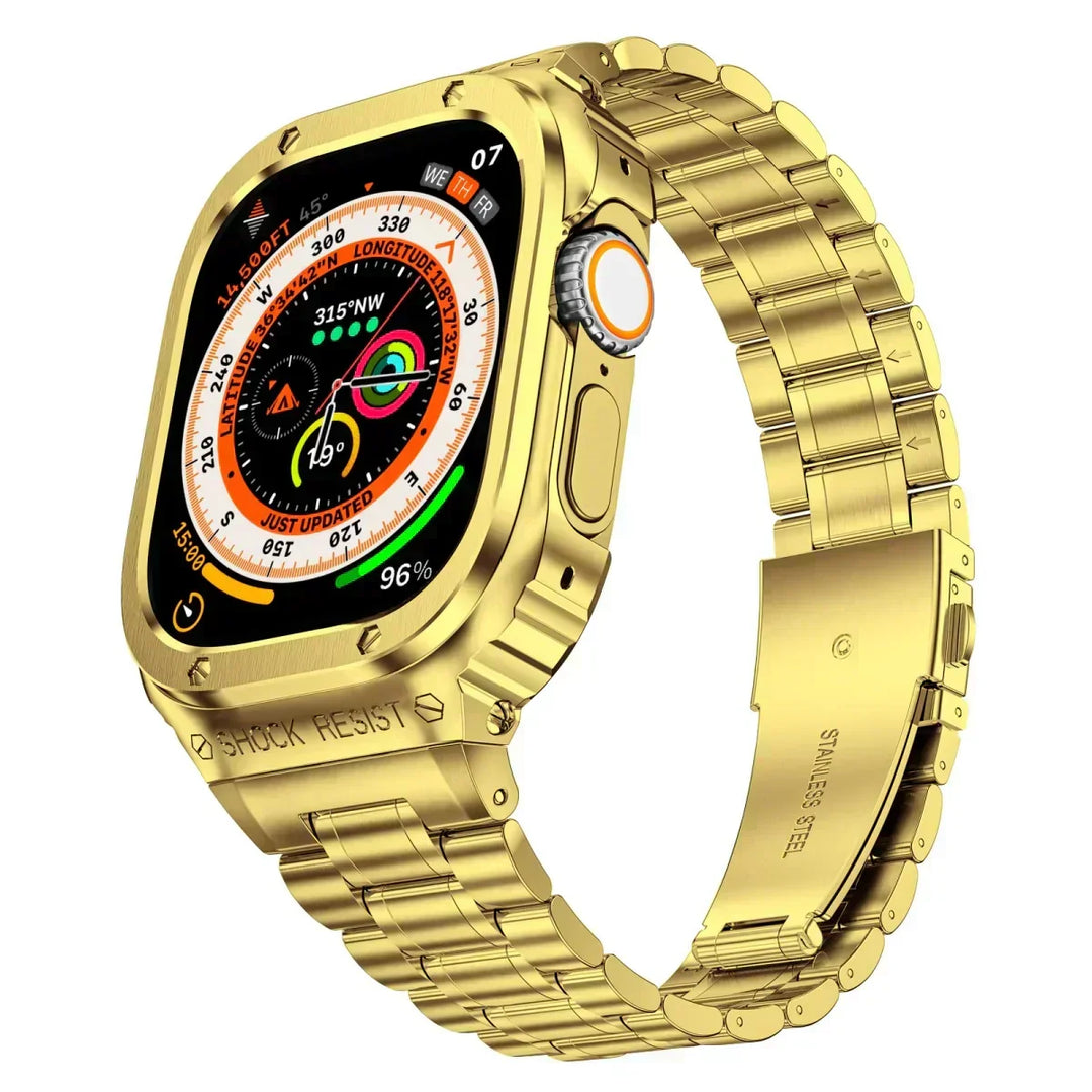 Funda anti-golpes y correa de acero inoxidable elegante para reloj inteligente unisex.