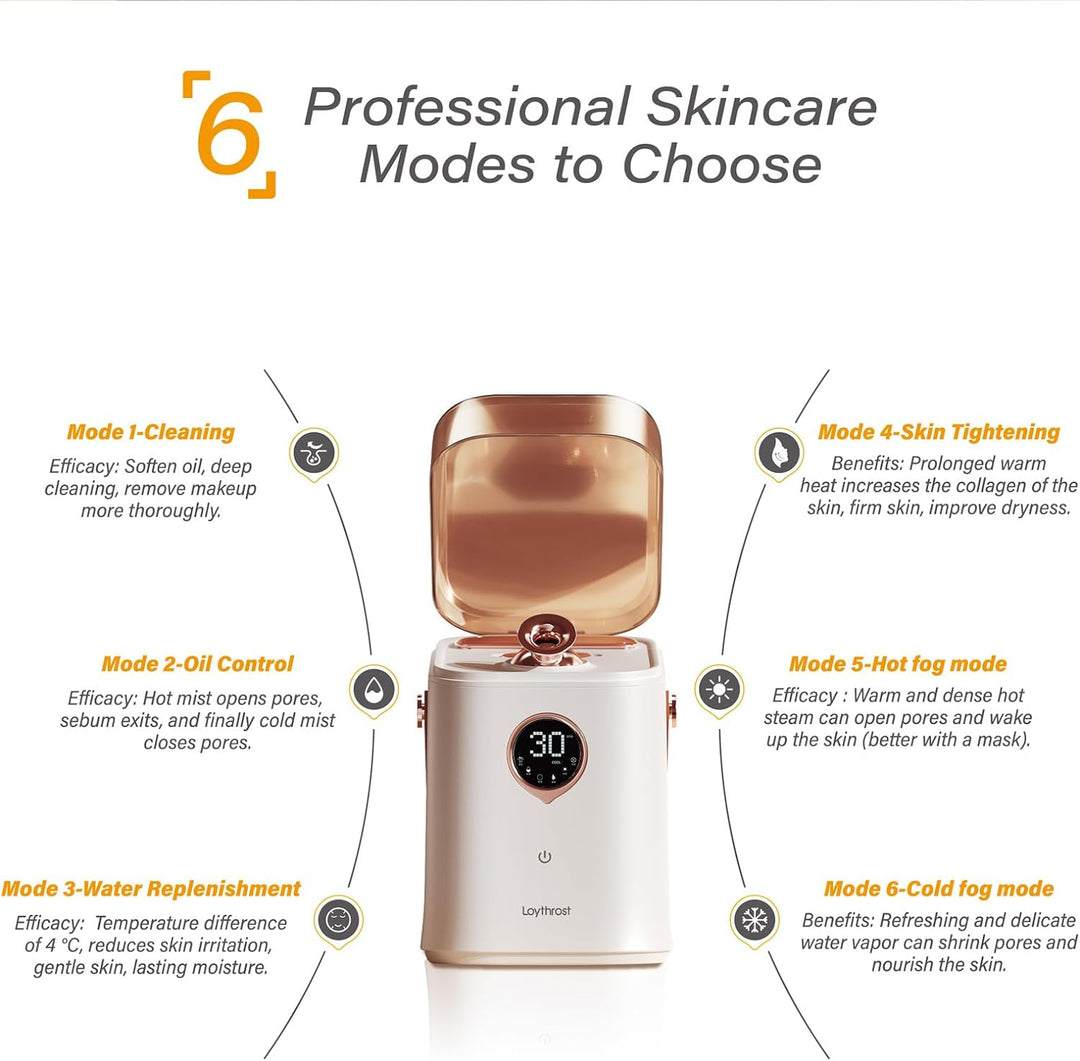 Vaporizador facial multifuncional 6 en 1 con vapor caliente/frío para limpieza, desintoxicación y cuidado completo.