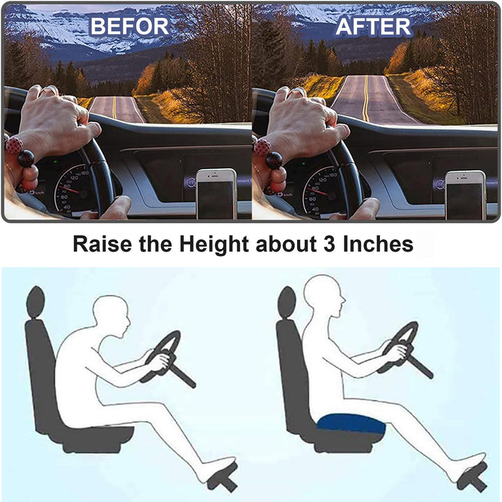 Cojín elevador para coche, mejora visibilidad y postura ergonómica al conducir.
